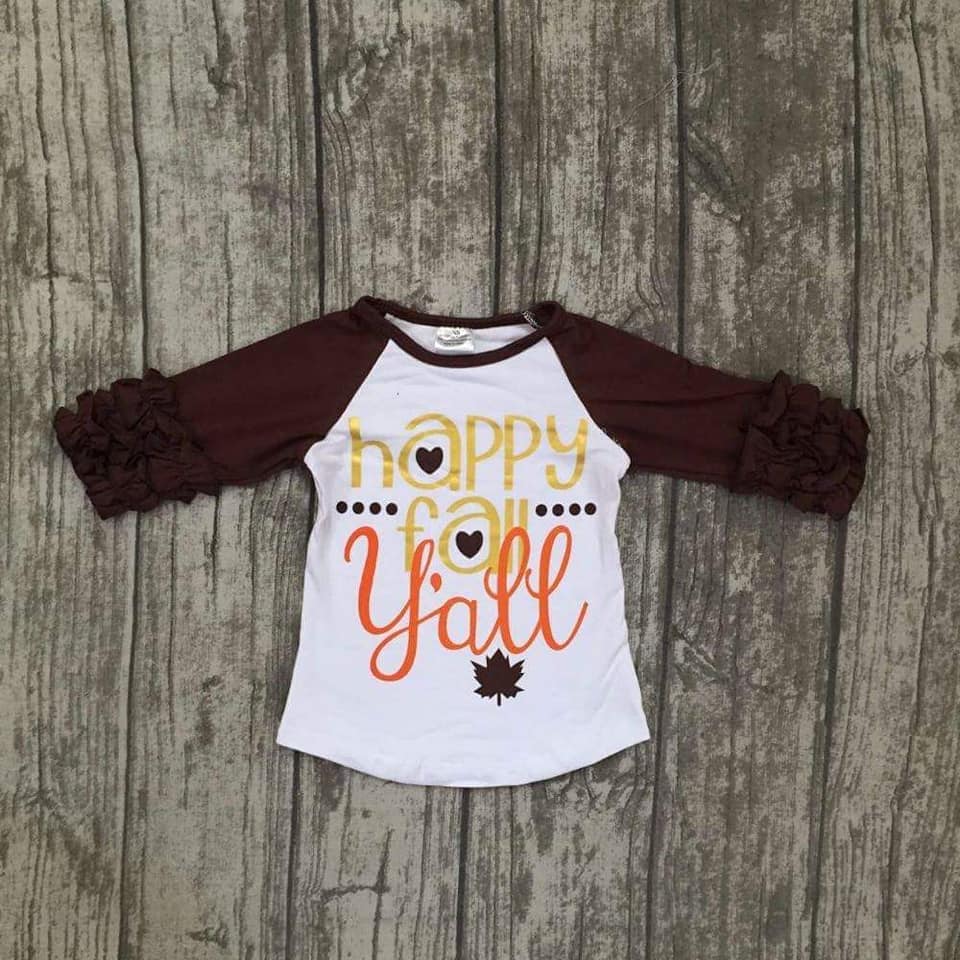 Girl's "Happy Fall Y'all" Long Sleeve Raglan Ruffle Shirt