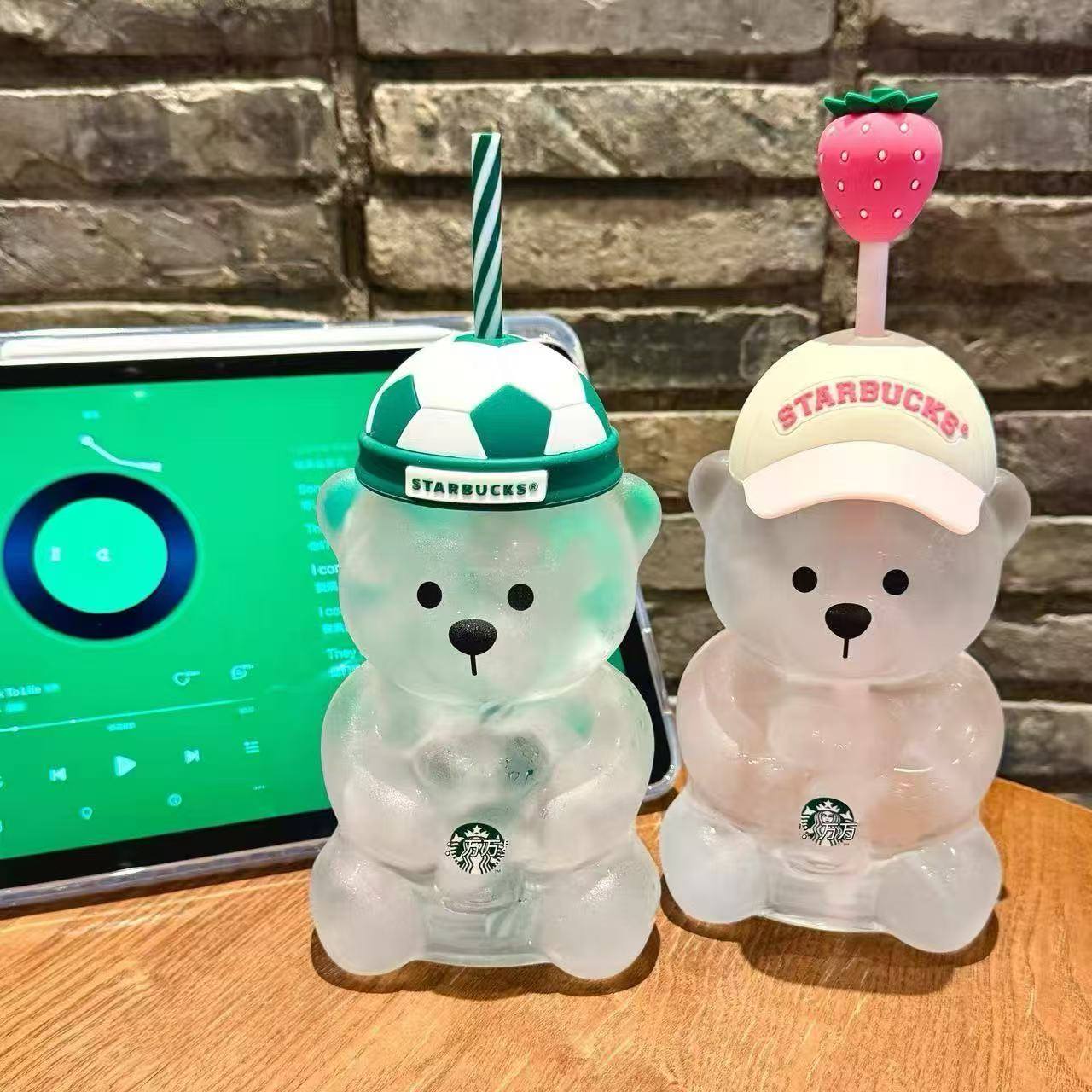 AUTHENTIC Starbucks China Soccer and Strawberry Bearista Glass Cups -  Preorder